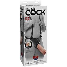 KING COCK 11″ Two Cocks One Hole Hollow Strap-On Suspender System (Light & Black)